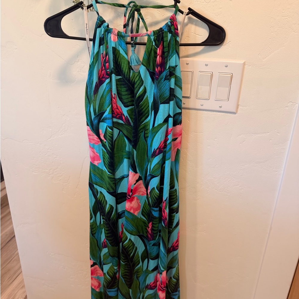 Tommy Bahama Teal knee length dress with Pink Floral and Green Leaves